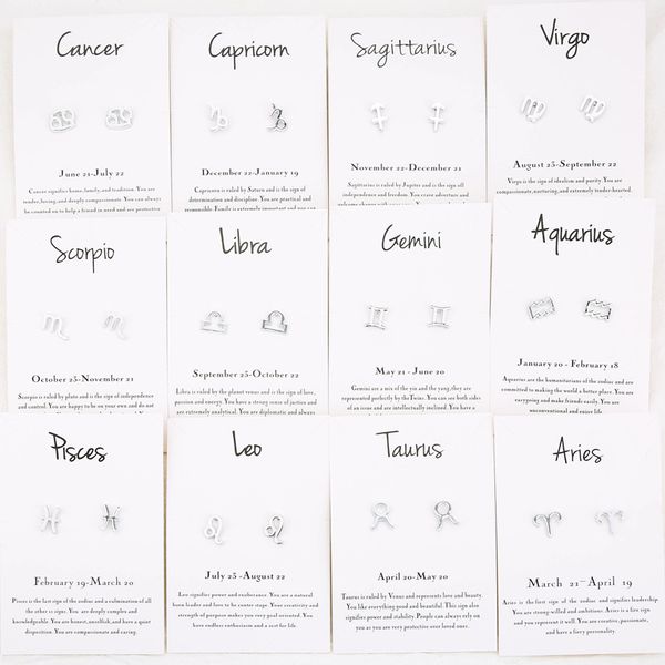 

12 constellations sign stud initial letter stainless steel earrings with white card packing for girls, Golden;silver