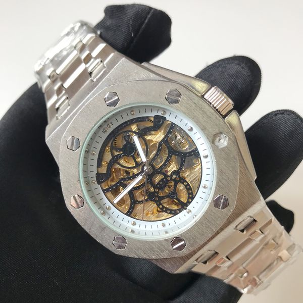 

skeleton luxury watches a watch silver case black dial automatic mechanical 42mm men watches quality stainless steel bracelet wristwatches, Slivery;brown