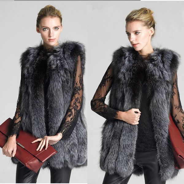 

women coat winter outdoor warmth faux fox fur coats medium and long fur vest jacket casual fashion street thanksgiving gift sleeveless jacke, Black