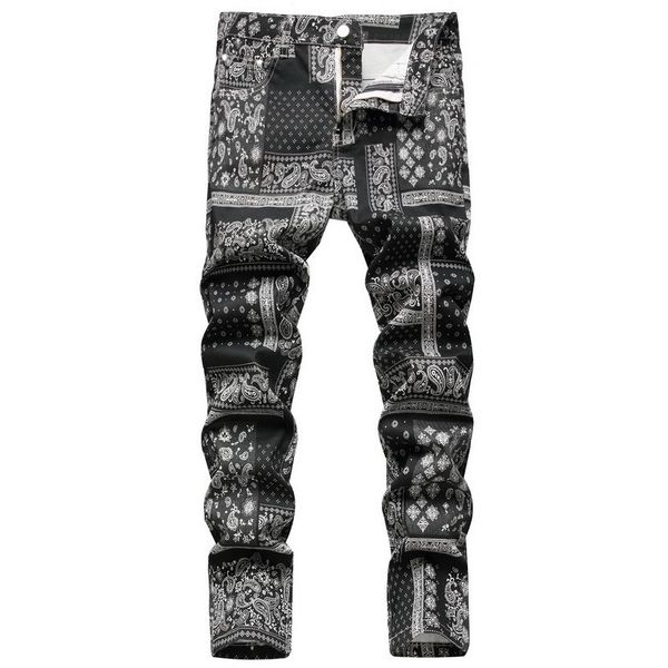 

men's jeans original cashew handkerchief pattern printed jeans men fashion 3d digital painted stretch denim jeans slim straight black p, Blue