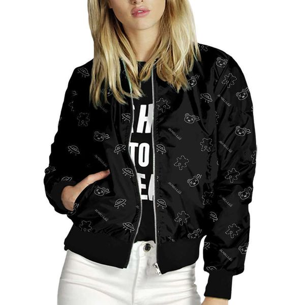

women's jackets women cute printed jackets ladies zipper up bomber outwear spring long sleeve thin slim casual pocket biker coats t221, Black;brown