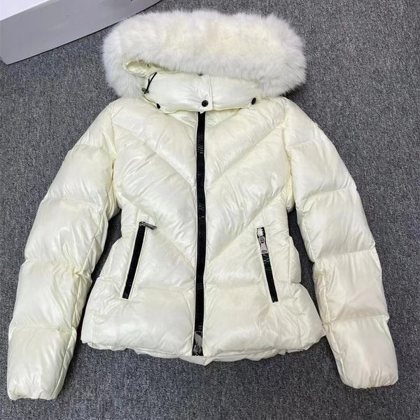 

women cela short down jacket designer fur trim hood coat winter nylon parka down-filled outwear, Black
