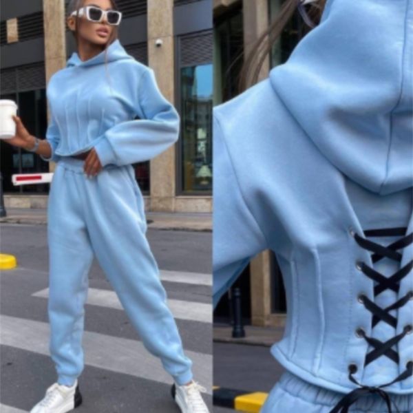 

womens two piece pants warm cropped bandage hooded sweater suits women fashion chic hoodies autumn female streetwear sports outfit 221008, White