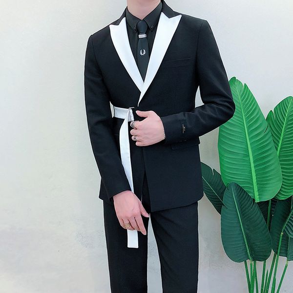

men's suits blazers ternos masculino spring long sleeve belt decoration man suit korean groom men suit slim fit weave bring full dress, White;black