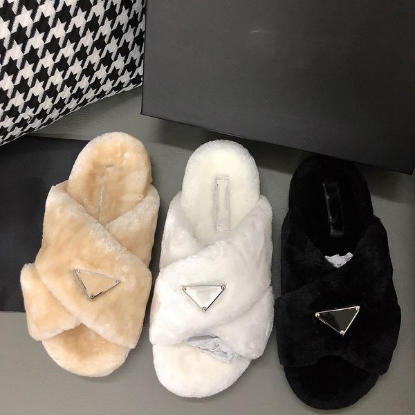 

women fur slippers shearling criss-cross sandal slide mule enameled triangle crossover slides plush wool sherper slipper winter slip on indo, Black