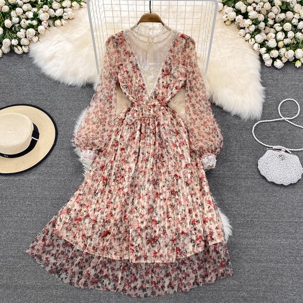 

v-neck lace patchwork floral chiffon dress korean version waist closing long sleeve temperament gentle wind a-line large hem long skirt, Black;gray