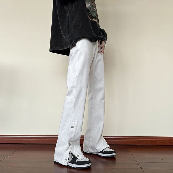 

men's jeans fashion streetwear hip hop baggy jeans trousers mens denim pants oversize straight loose jeans button decoration white blac, Blue