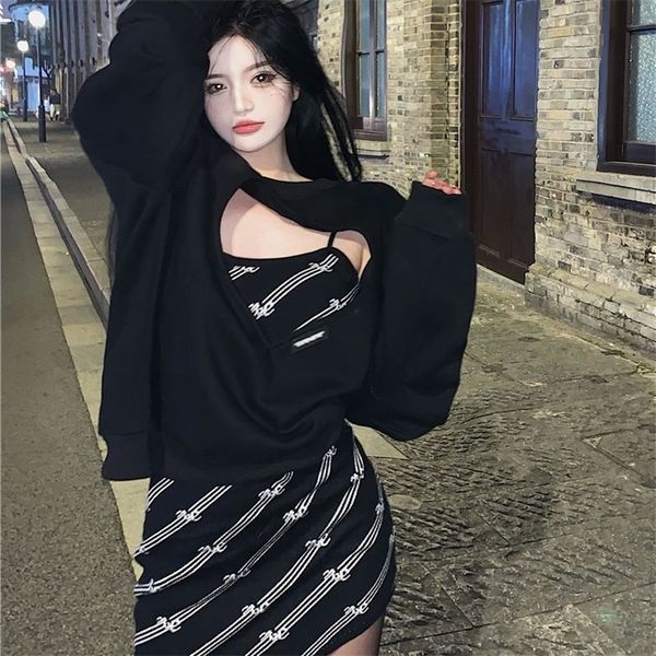 

casual dresses love hollow sweater dress suit autumn and winter dress twopiece suspender skirt vintage plus size clothing for women 221008, Black;gray