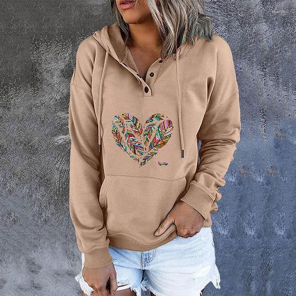 

women's hoodies feather print pocket long sleeve hooded sweatshirt spring fall casual loose pullover streetwear sportswear 2022, Black