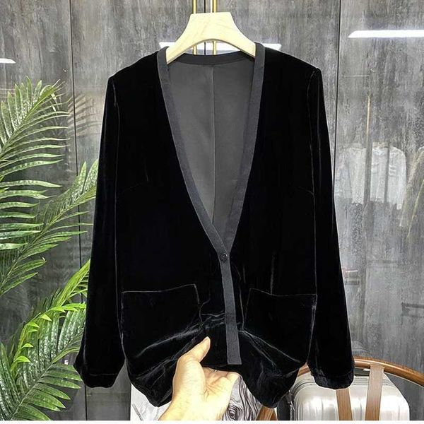 

women's jackets velvet jacket women's 2022 spring autumn temperament black short v neck cardigan with pocket t221008, Black;brown