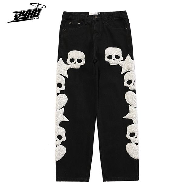 

mens jeans vintage pocket skull embroidery straight cargo pants men and women oversize jeans trousers harajuku streetwear denim pants 221008, Blue
