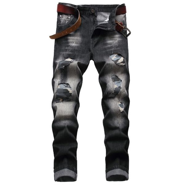 

men's jeans straight slim ripped jeans men vintage clothing hiphop streetwear distressed camouflage patch casual jeans fashion denim pa, Blue