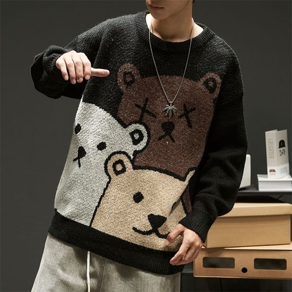 

men's sweaters fashion cartoon bear winter women's long sleeved knitted pullover oversized coat 221008, White;black