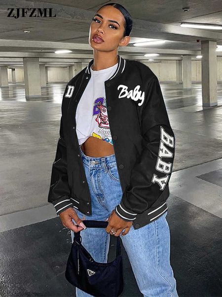 

women's jackets light blue letter print baseball coat for women fashion long sleeve single-breasted outwear autumn winter sportswear ja, Black;brown