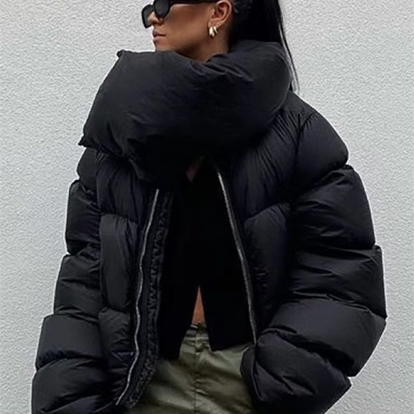 

womens down parkas winter scarf collar jacket solid thick warm loose bubble cotton coats female black puffer casual outwear 221008