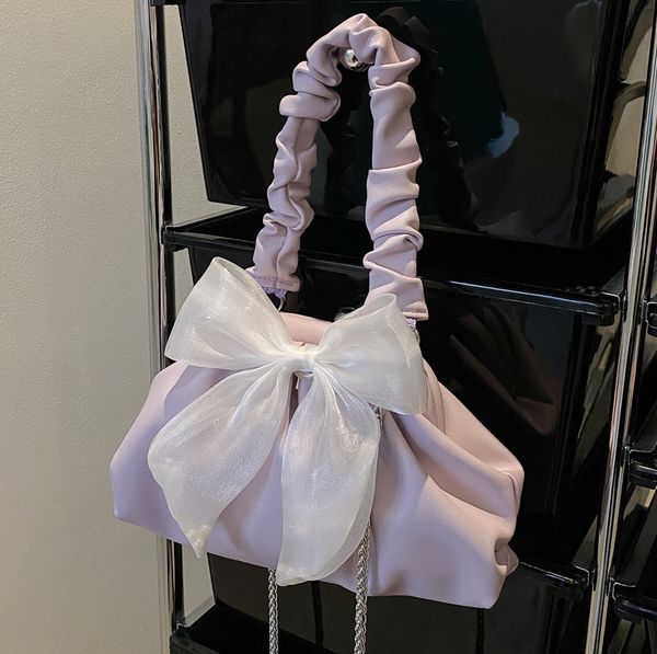 

bow ribbon small bag women's fashion chain crossbody bag niche design portable pleated cloud handbag