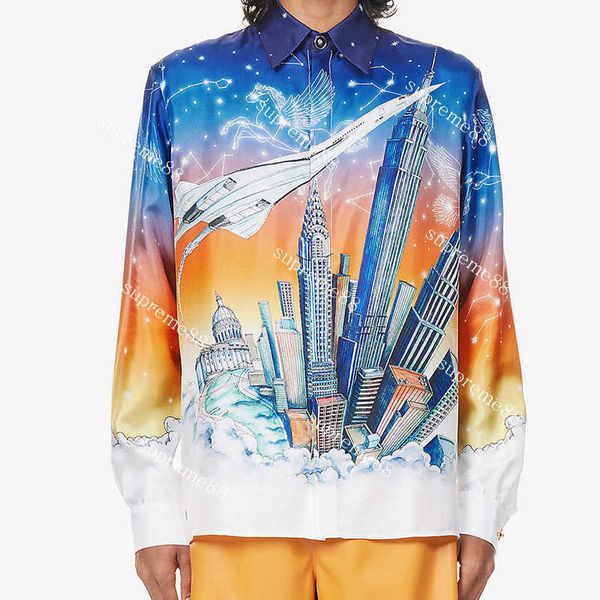 

casablanca 23ss aviation constellation urban silk shirts designer button up fashion hawaiian long sleeve shirt, White;black
