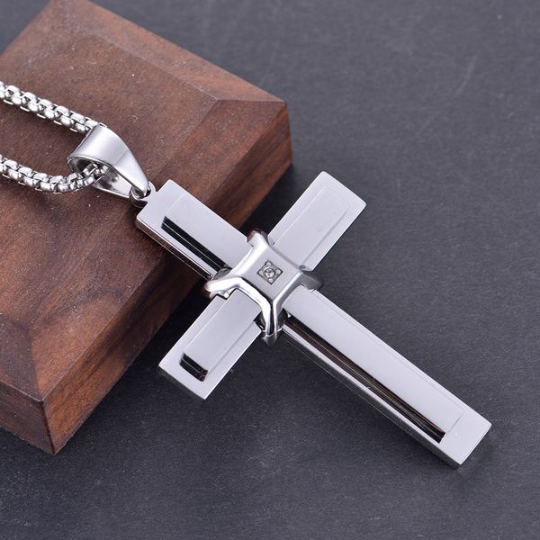 

large cool stainless steel cz 3d cross pendant necklace for mens fashion rolo chain 3mm 24inch xmas gifts, Silver