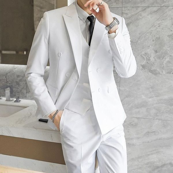 

men's suits blazers fashion men's casual business double breasted 3 pcs suit set male slim solid color wedding blazers jacket vest, White;black