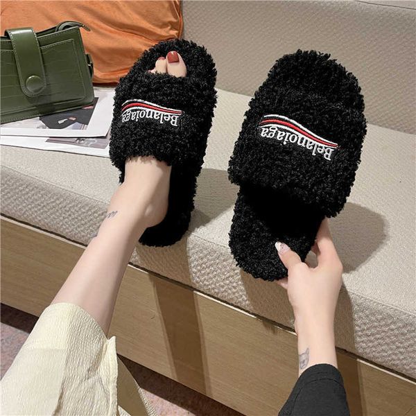 

designer fashion shoes plush slippers balenicagas family woolen slippers women wear ins in autumn and winter 2022 new korean versi, Black