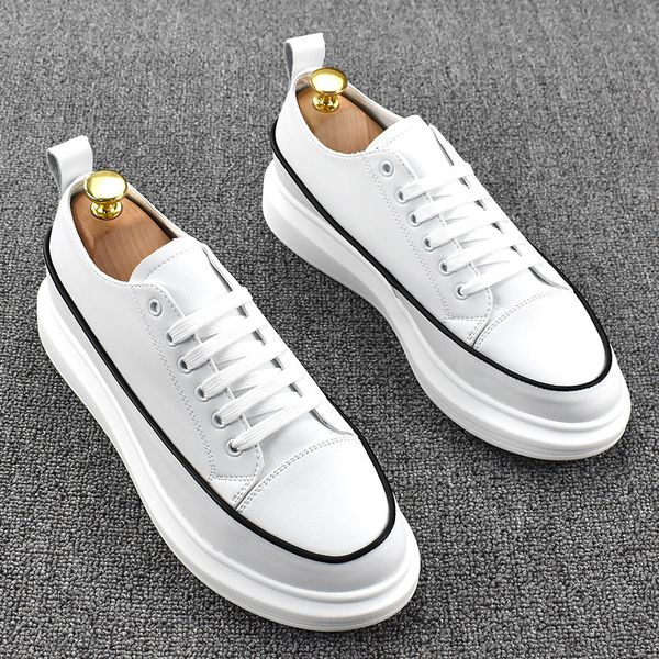 

white vulcanized men casual sport shoes mens leather low cut student sneakers flat male trekking shoes waterproof, Black