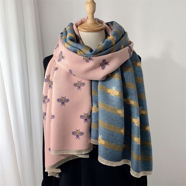 

scarves luxury brand doublesided scarf women mrs winter warm cashmere shawl scarf animal bee printing soft thin blanket holiday gifts 221010, Blue;gray