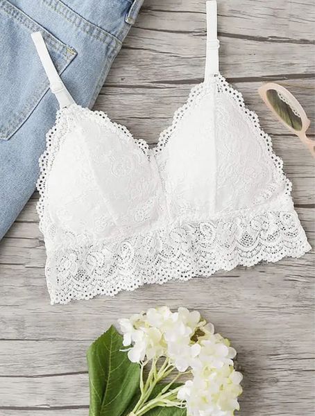 

women's lace soft crop bra / tank solid details contrast, Black;white