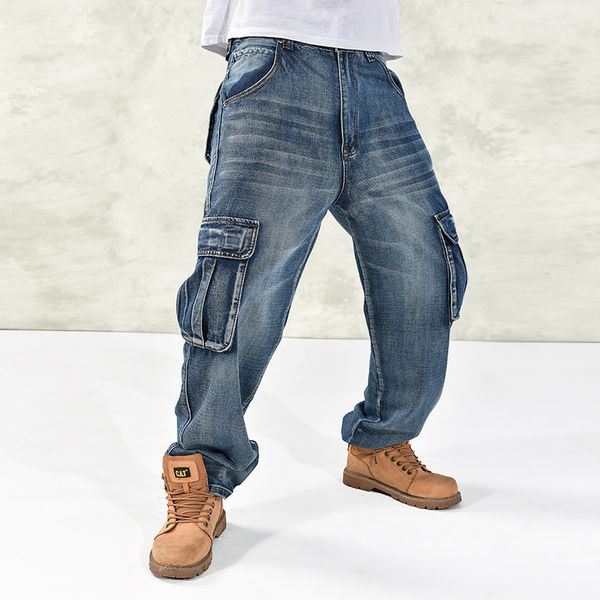 

men's jeans men casual cargo jeans pants with multi pockets loose fit hip hop denim trousers for male baggy jeans plus size 3046 221010, Blue