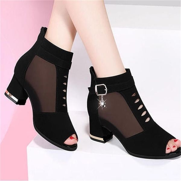 

boots peep toe sandals women pu leather summer mesh shoes low heels back zip female footware black drop 221010