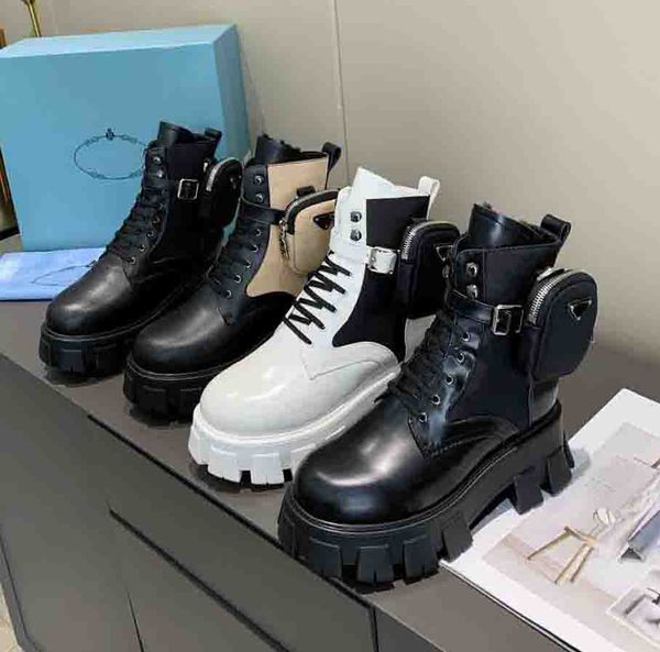 

new designer monolith nylon boots men women shiny detachable pouch combat shoes nylon hailf outdoor thick bottom mid-length boot with bags, Black