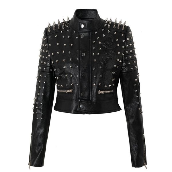 

women's leather faux spring stand collar rivet short slim locomotive jacket women cool girl fashion long sleeve rock punk style 221010, Black