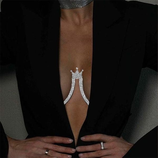 

other rave queen crown crystal chest bracket chain bra harness bikini body chain jewelry for women festival clothing 221008, Slivery;golden