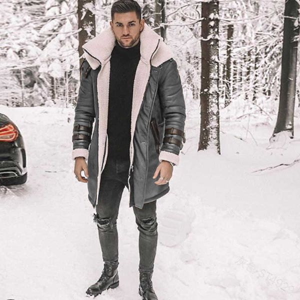 

men's fur faux fur winter aviator mens mid-length padded jacket pilot flying fur collar faux sheepskin leather jacket street personalit, Black