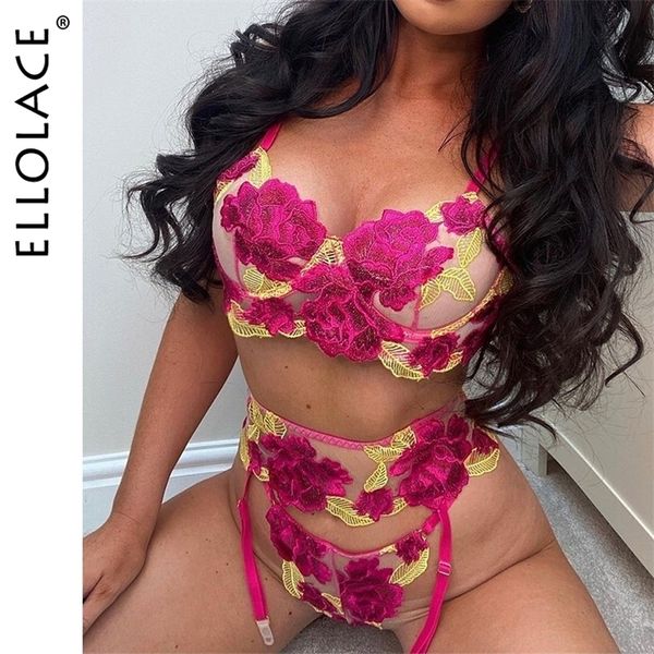 

set ellolace floral lingerie fancy underwear embroidery erotic brief sets lace transparent underwire bra and thong with garters 221010, Red;black