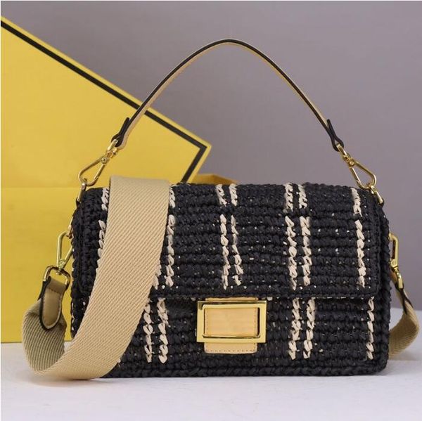 

crocheted baguette bag raffia straw woven handbag hand purse shoulder crossbody bags removable strap magnetic clasp zip pocket evening clutc