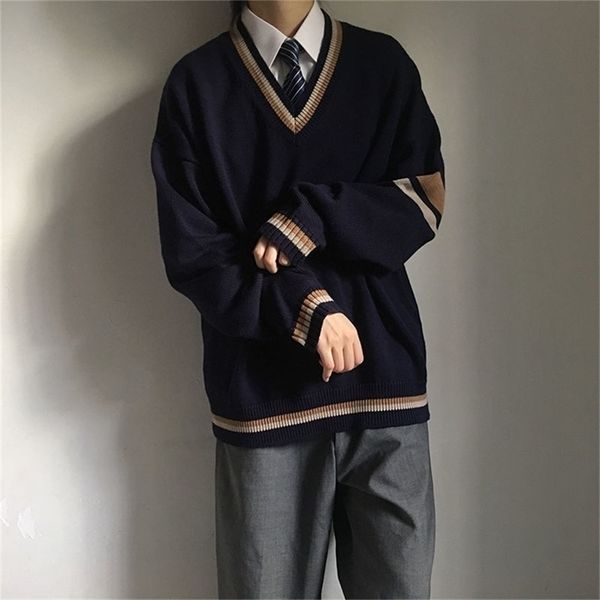 

men's sweaters couples wear autumn sweater korean loose student pullover v neck coat japanese school uniform 221008, White;black