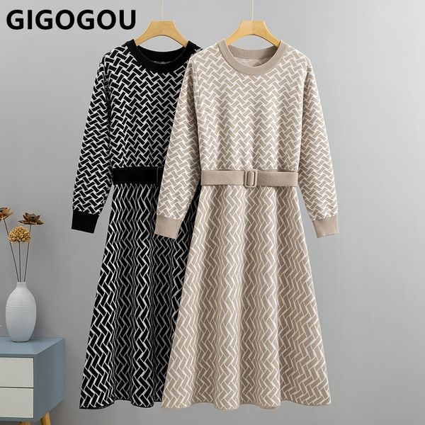 

casual dresses gigogou luxury jacquard women long knit sweater chic autumn winter a line with belt pleated maxi midi party 221010, Black;gray