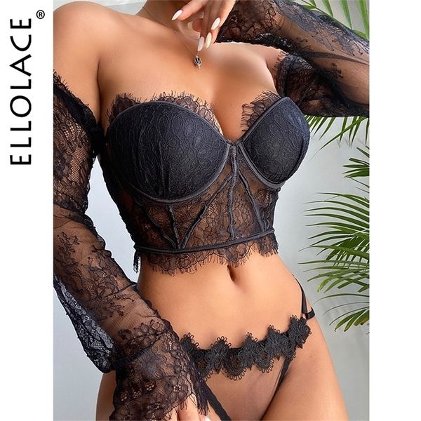 

set ellolace off shoulder sensual lingerie bralette long sleeve womens underwear transparent underwire padded bra 221010, Red;black