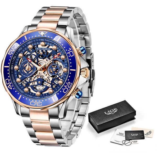 

wristwatches lige stainls steel brand watch water ristant hollow out military quartz watch mens luxury 2022 wrist watch for men, Slivery;brown