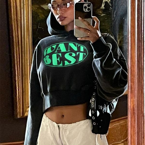 

womens hoodies sweatshirts sunny letter print casual women hoodie keep warm loose elastic trend chic harajuku pullover sporty bassic wild st, Black