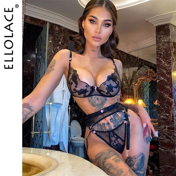 

set ellolace lingerie womens underwear set woman 3pieces floral embroidery fancy female luxury transparent bra outfits 221010, Red;black