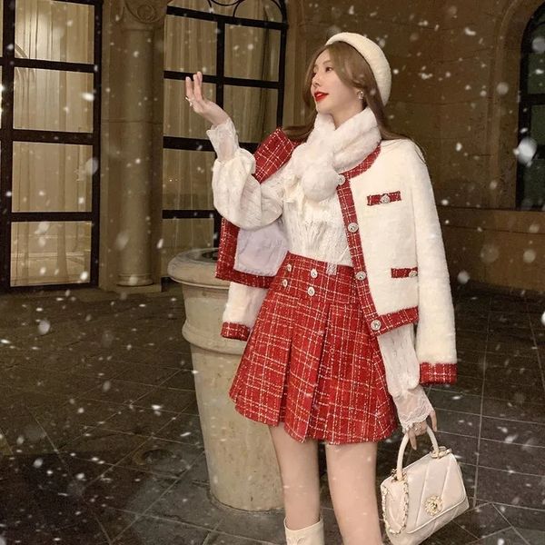 

two piece dress ladies christmas suit set thick winter red tweed lattice chic jacket warm plaid a line pleated skirt female 221010, White