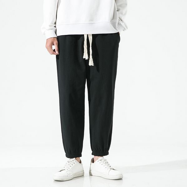 

men's pants streetwear men pants cotton casual solid color trousers for man vintage elastic waist wide baggy harem pants male oversize, Black