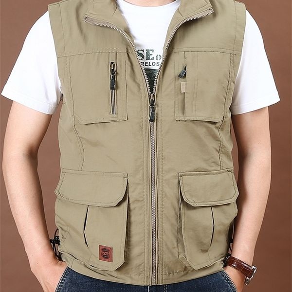 

men's vests men's thin tooling loose quick drying vest men's outdoor sports multi pocket stand collar vest spring camping fis, Black;white