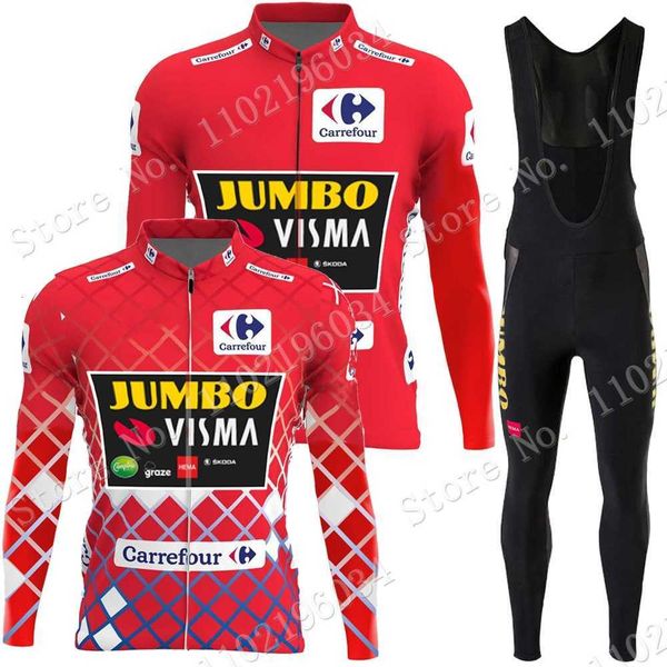 

cycling jersey sets 2022 winter jumbo visma spain tour cycling jersey set red clothing suit long sleeve mtb bike road pants bib ropa ciclism, Black;red