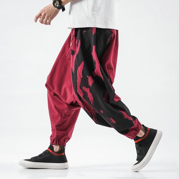 

men's pants chinese style cotton linen harem jogger pants men autumn streetwear printing crosspants anklelength men trousers 221010, Black