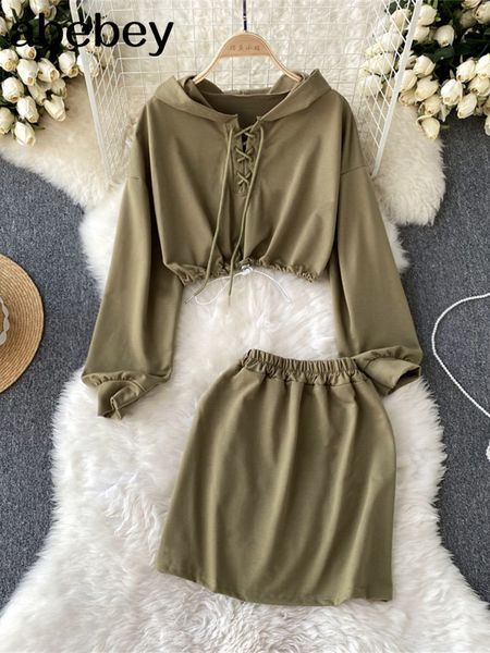 

two piece dress black women's sportswear long sleeve solid hoodie sweatshirt spring autumn pullover skirts set 221010, White