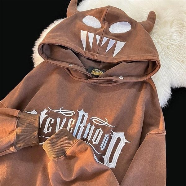 

womens hoodies sweatshirts little monster design sense niche letter embroidery streetwear hoodies womens autumn and winter loose couple hood, Black