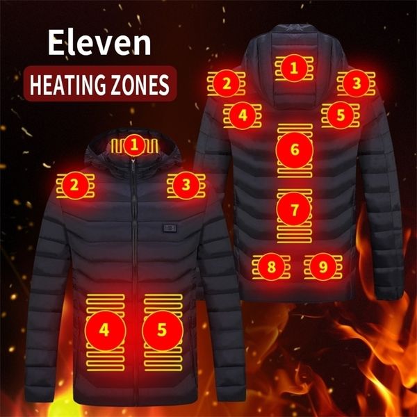

men's down parkas men winte double switch 11 zone heating usb heating jackets smart thermostat hooded heated clothing warm jackets 2210, Black