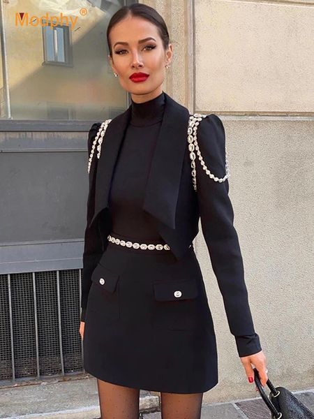 

two piece dress autumn elegant ol women two piece set diamond chain short blazer jacket a line mini skirt suit fashion party office sets 221, White